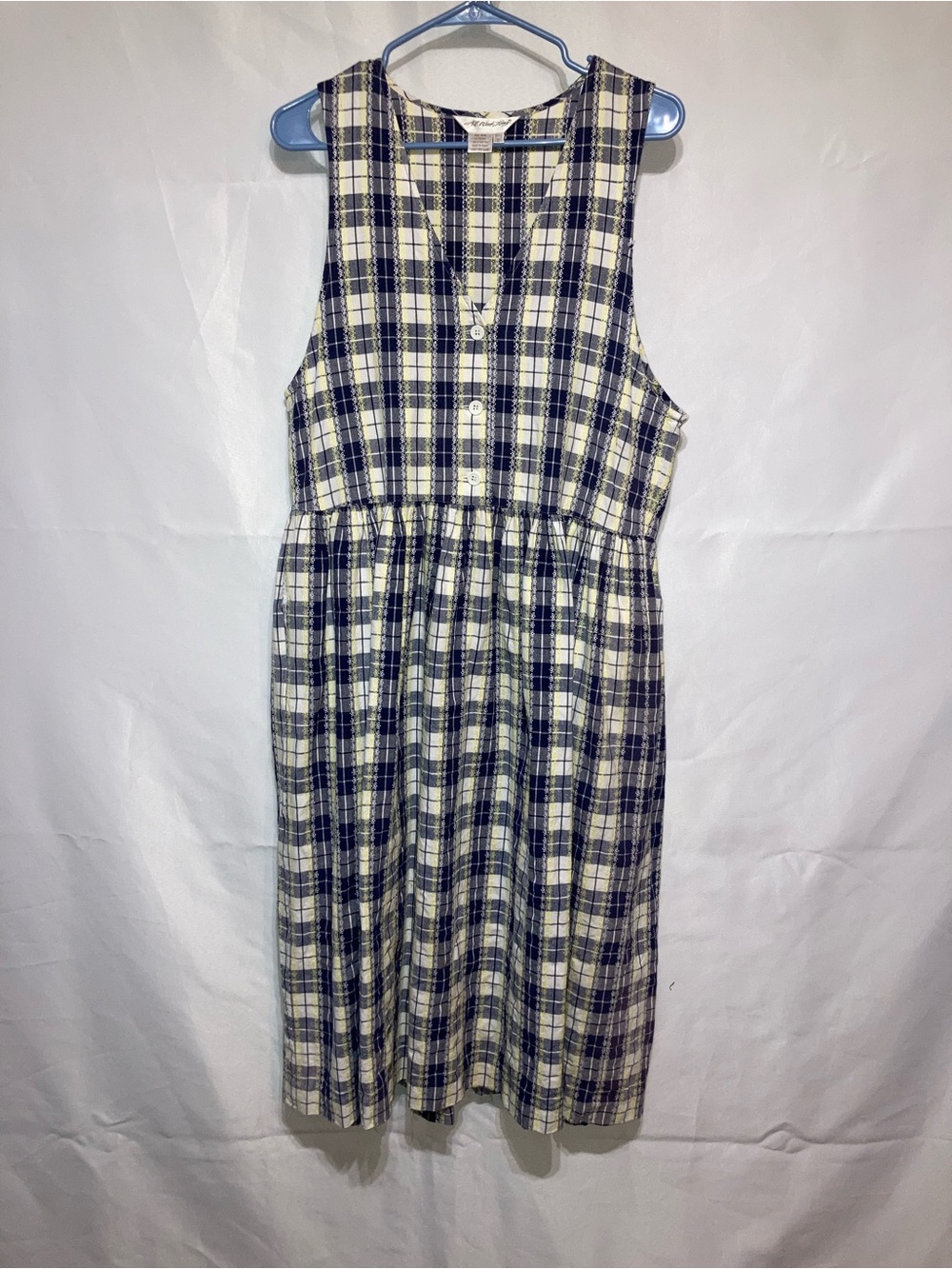 Sleeveless Plaid Midi Dress in Navy and Cream by Unknown